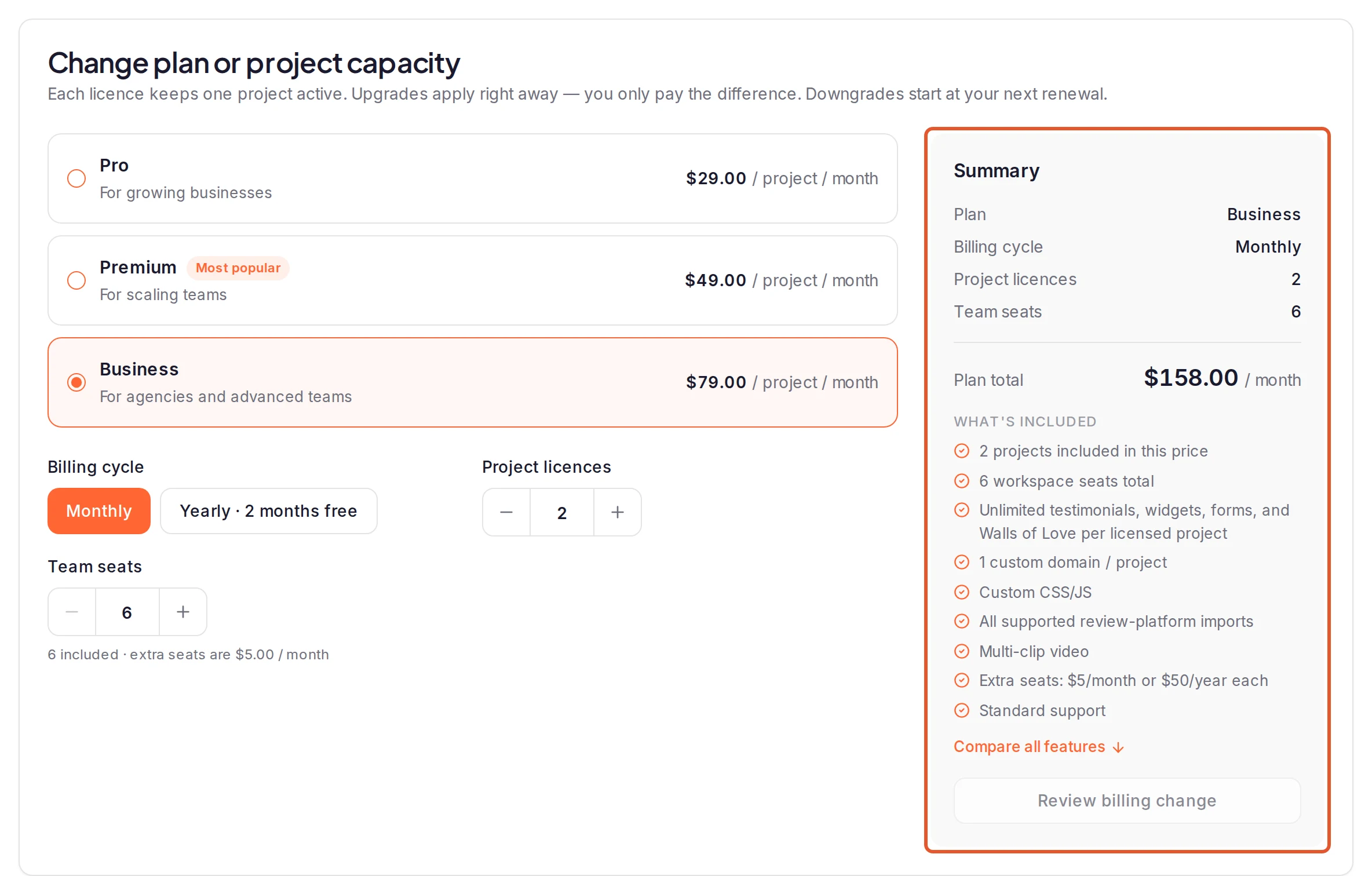 Change plan or project capacity on the Plans & capacity tab, with the plans, Billing cycle, Project licences and the Summary