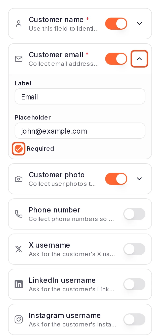 The About You page's fields in the form builder, with Customer email opened on its Label, Placeholder and Required tick box; the arrow beside its switch and the Required tick box are outlined