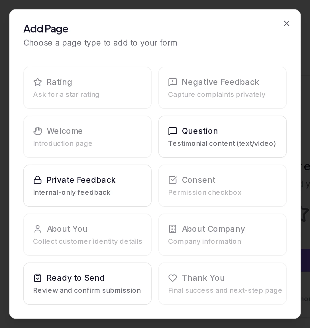 The Add Page dialog with its ten page types: Question, Private Feedback and Ready to Send can be picked, and the seven types the form already has are greyed out
