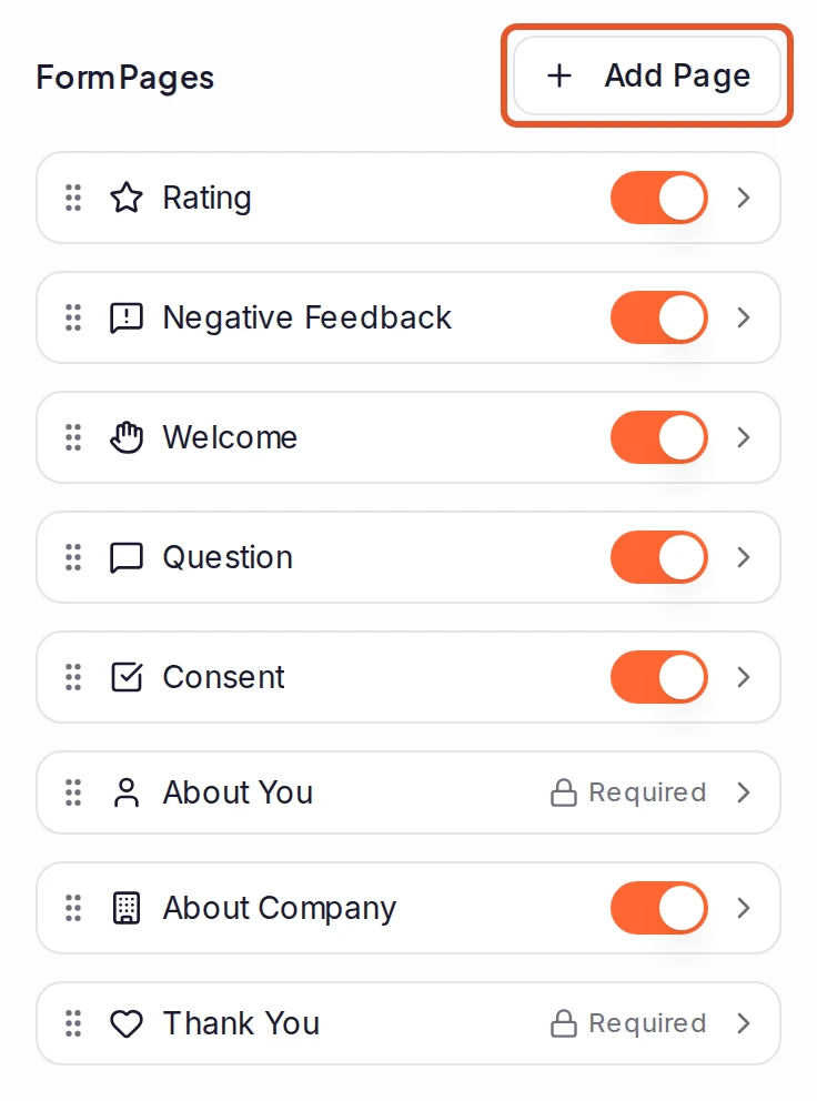 A form's pages in the form builder, each with a switch, and the Add Page button