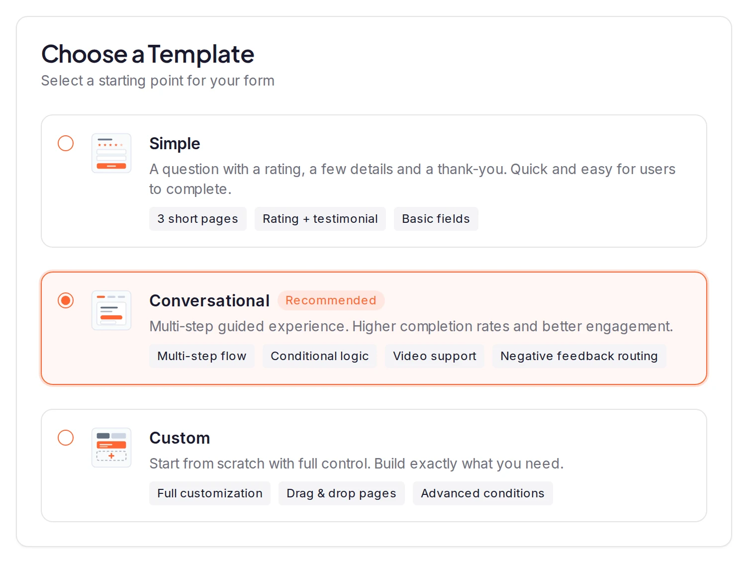 The Choose a Template card with the three templates: Simple, Conversational, marked Recommended and selected, and Custom, each with its feature chips
