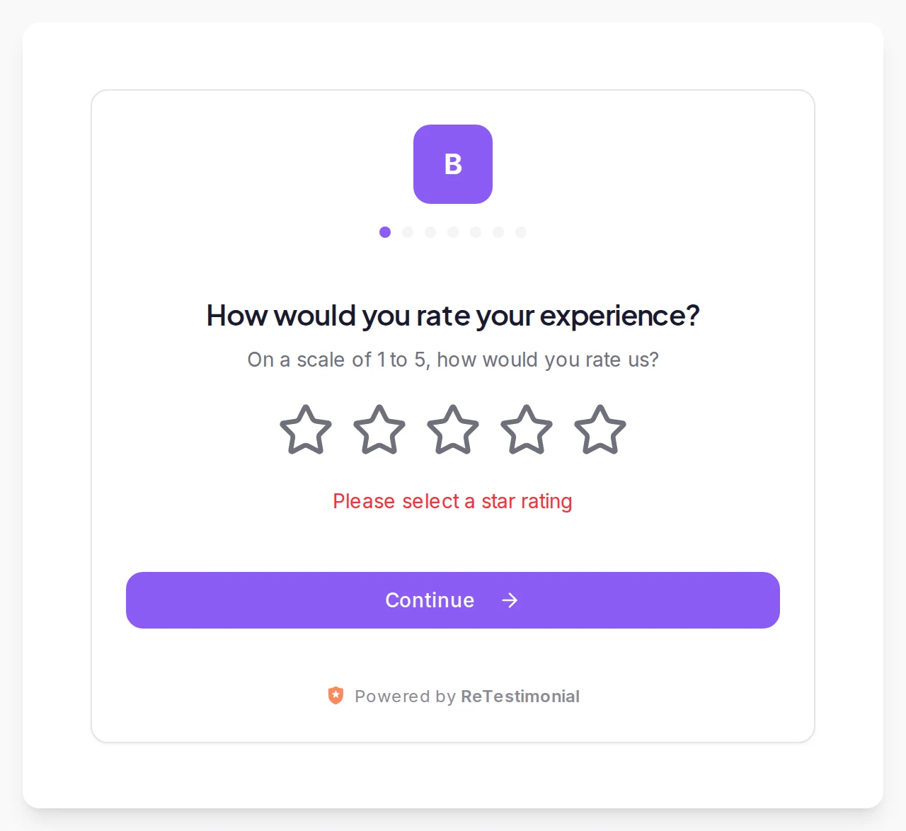 The builder's preview on the Rating page: five empty stars with the message 'Please select a star rating' in red under them, above the Continue button