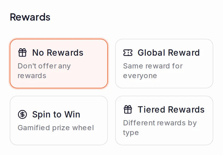 The Rewards tab of the form builder, with four cards: No Rewards, which is selected, Global Reward, Spin to Win and Tiered Rewards