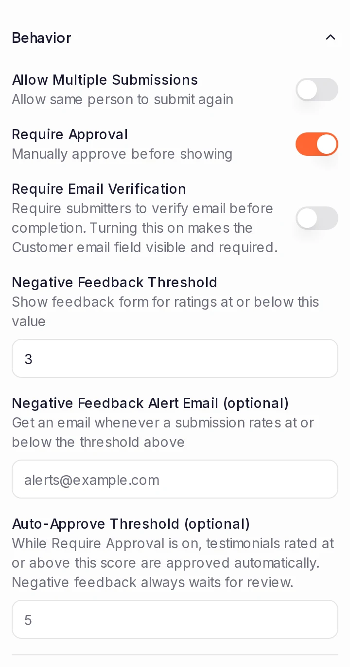The Behavior section of a form's Settings tab: the Allow Multiple Submissions, Require Approval and Require Email Verification switches, with only Require Approval on, then Negative Feedback Threshold, Negative Feedback Alert Email (optional) and Auto-Approve Threshold (optional)