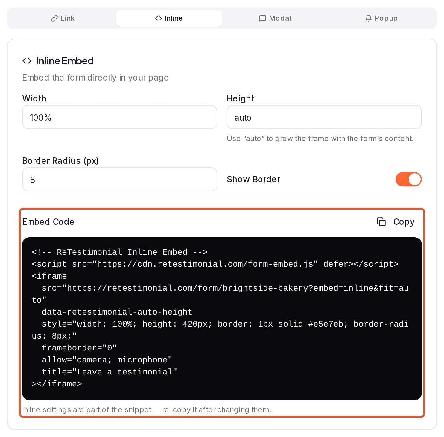 The Share & embed dialog's Inline tab: Width, Height, Border Radius (px) and Show Border, with the Embed Code box and its Copy button outlined