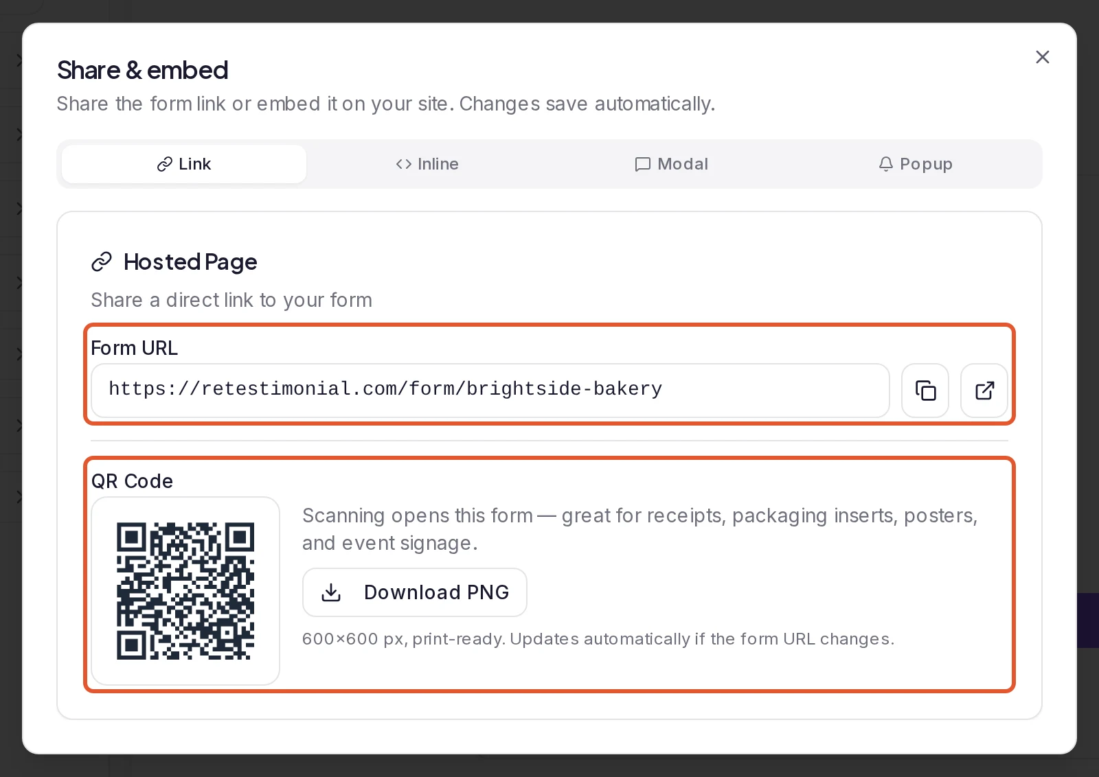 The Share & embed dialog's Link tab, with the Form URL and the QR Code outlined