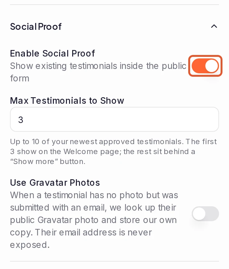The Social Proof section of a form's Settings tab, with Enable Social Proof switched on