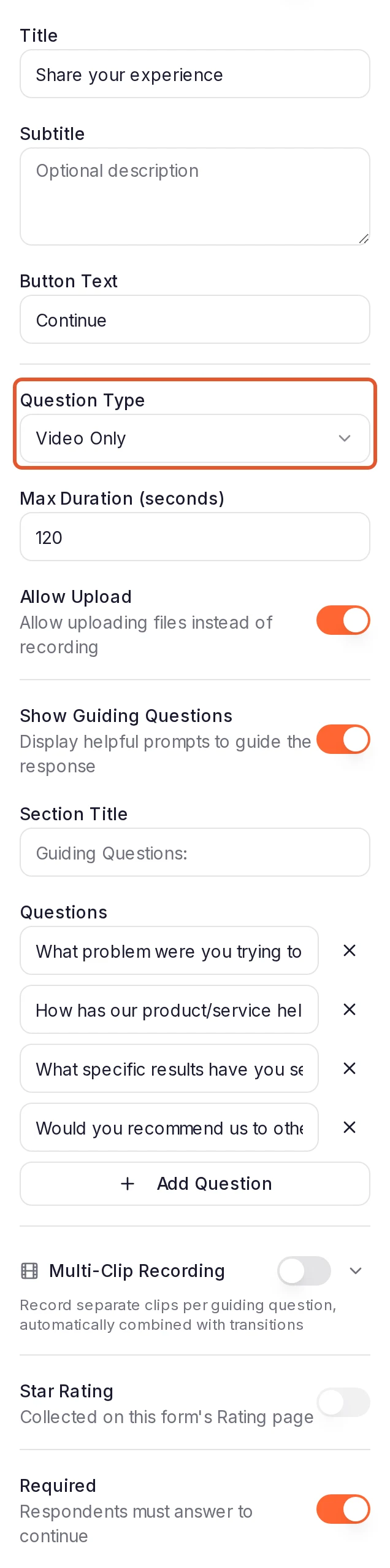 A Question page set to Video Only, with Max Duration, Allow Upload and Show Guiding Questions