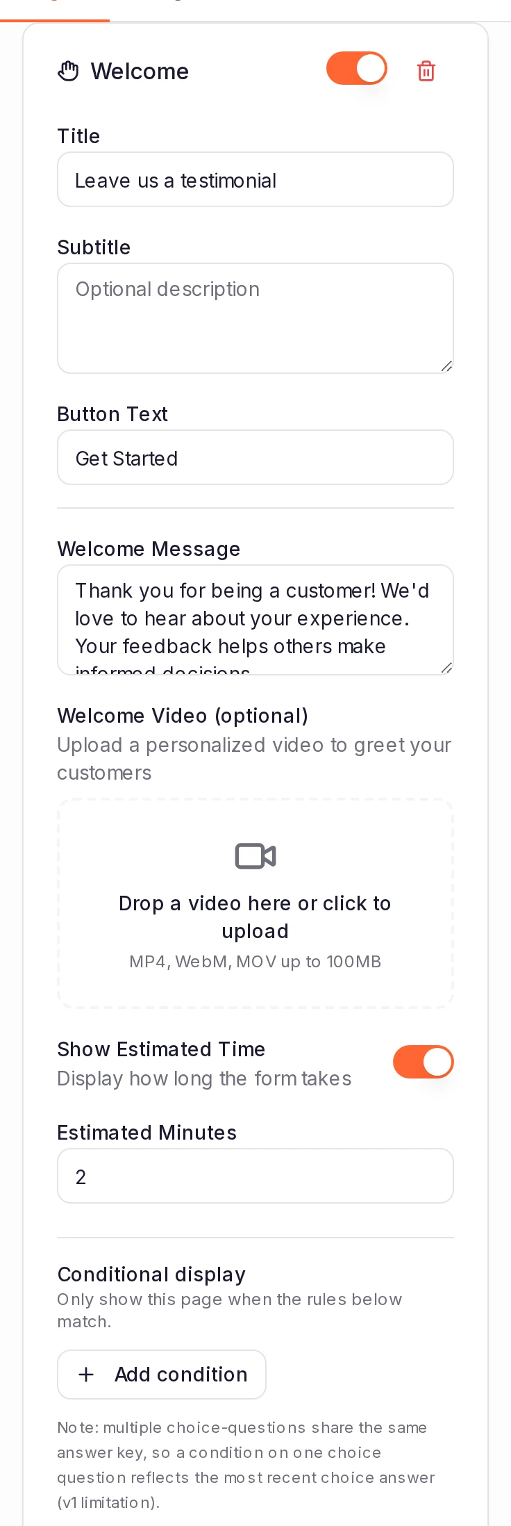 The Welcome page's settings: Title, Subtitle, Button Text, Welcome Message, the welcome video upload and Show Estimated Time