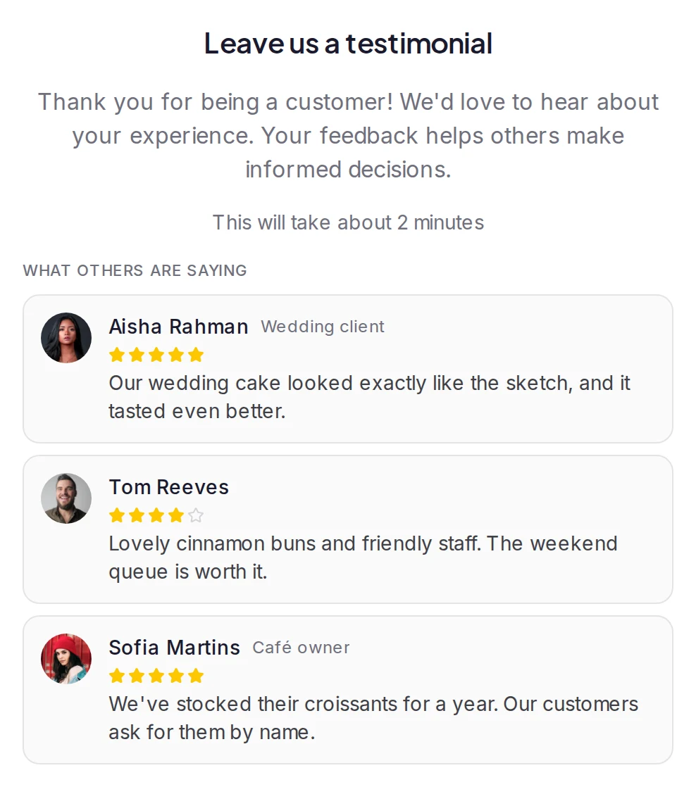 The Welcome page in the builder's preview: the title, the welcome message, 'This will take about 2 minutes' and, under What others are saying, three testimonials with a photo, a name, stars and two lines of text each