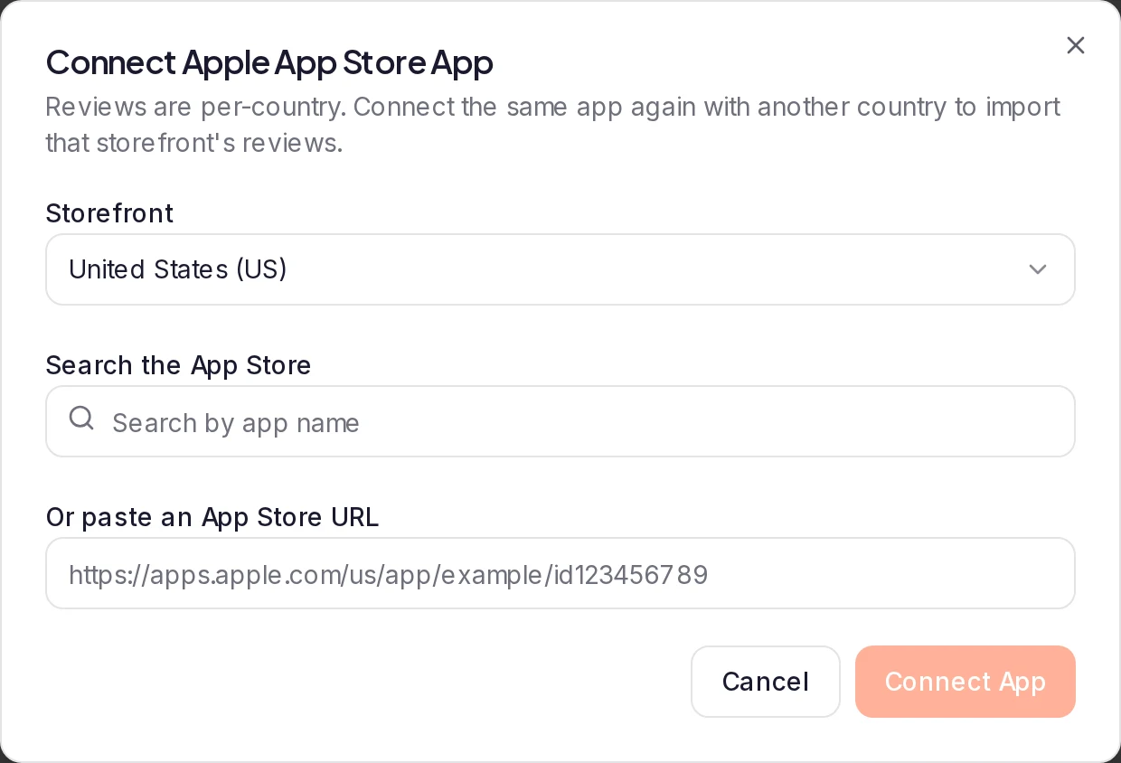 The Connect Apple App Store App dialog: Storefront set to United States (US), Search the App Store, Or paste an App Store URL, and Cancel and Connect App