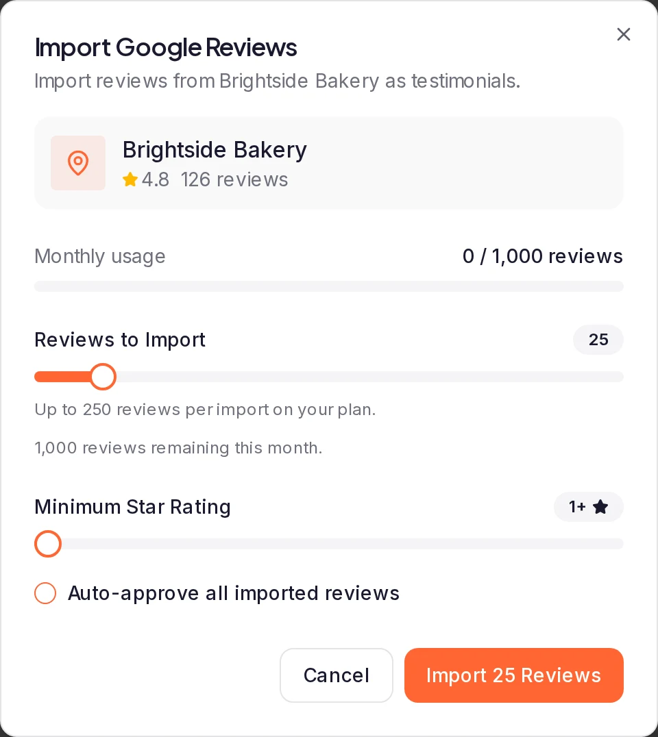 The Import Google Reviews dialog, with Reviews to Import, Minimum Star Rating and Auto-approve