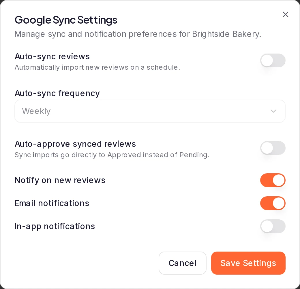The Google Sync Settings dialog: Auto-sync reviews switched off, Auto-sync frequency greyed out on Weekly, Auto-approve synced reviews off, Notify on new reviews and Email notifications on, In-app notifications off, and the Cancel and Save Settings buttons