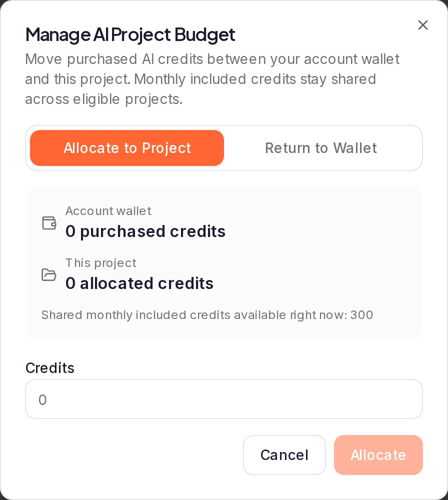 The Manage AI Project Budget dialog: Allocate to Project and Return to Wallet, the Account wallet and This project balances, the Credits box and Allocate