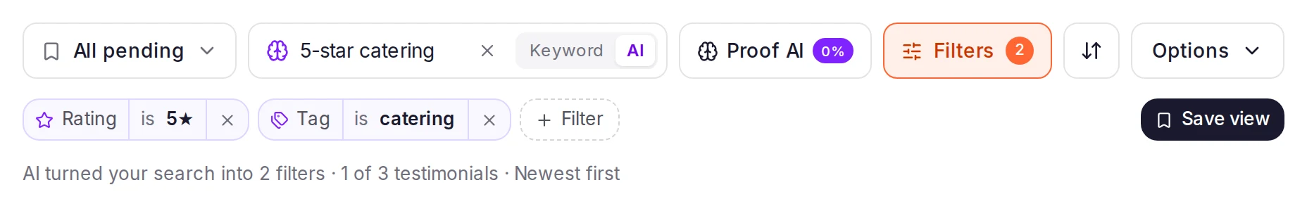 The inbox toolbar after an AI search: the view menu on All pending, the search box set to AI, Proof AI, Filters, the sort button and Options, and below them the violet Rating and Tag chips, + Filter, Save view and the line 'AI turned your search into 2 filters'