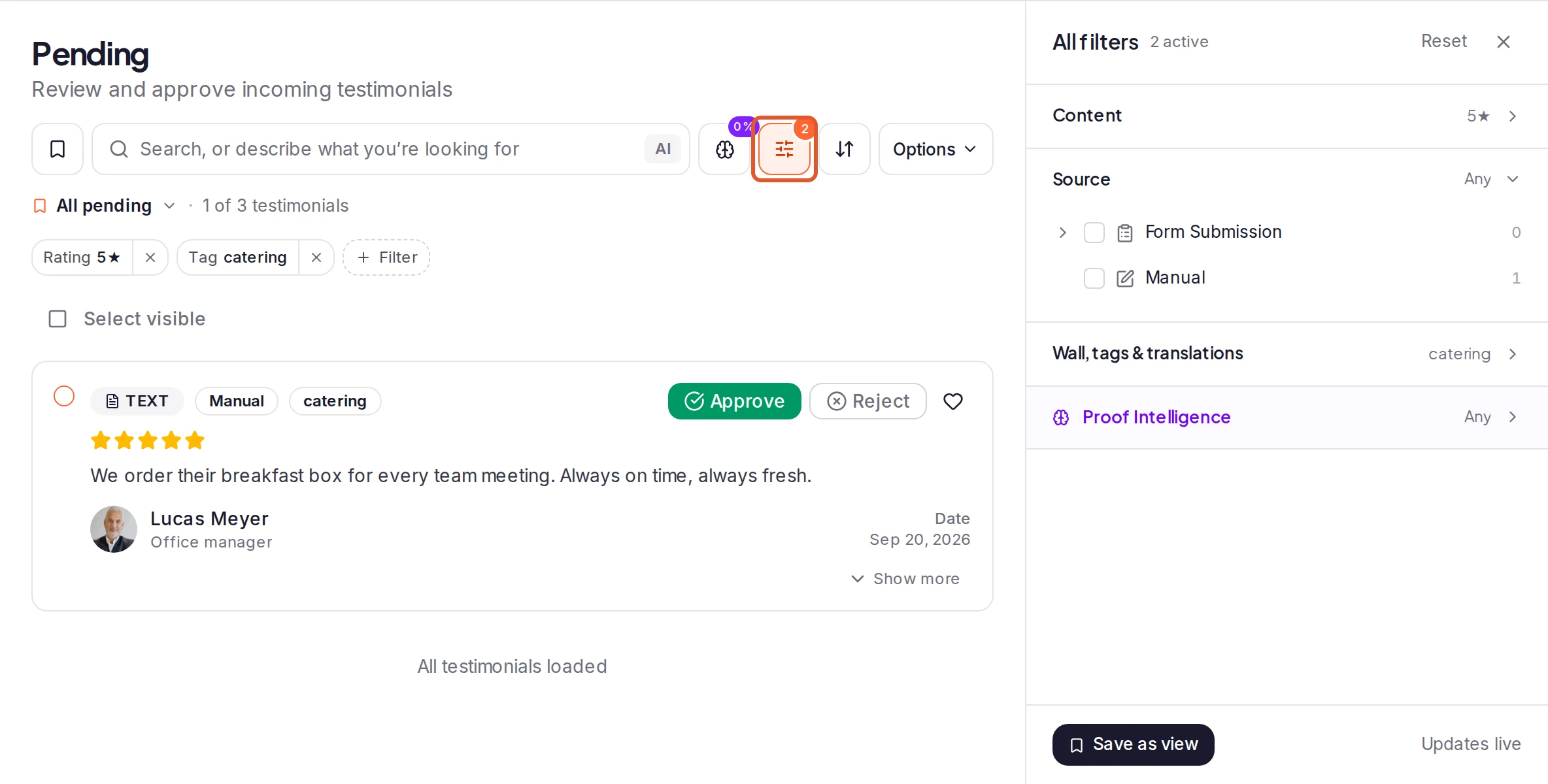 The Pending page with the All filters panel open beside the list: the Filters button outlined, the Rating and Tag chips with + Filter above the list, and in the panel Reset, the filter sections, Save as view and the note 'Updates live'