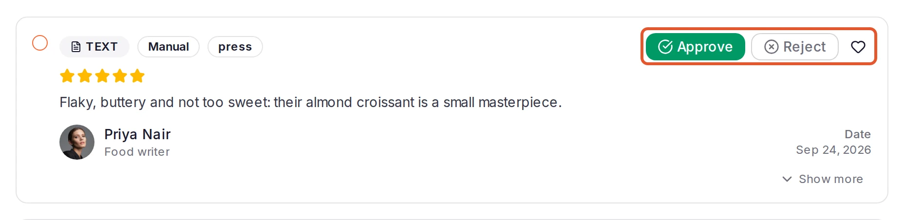A pending testimonial in the inbox, with its Approve and Reject buttons outlined