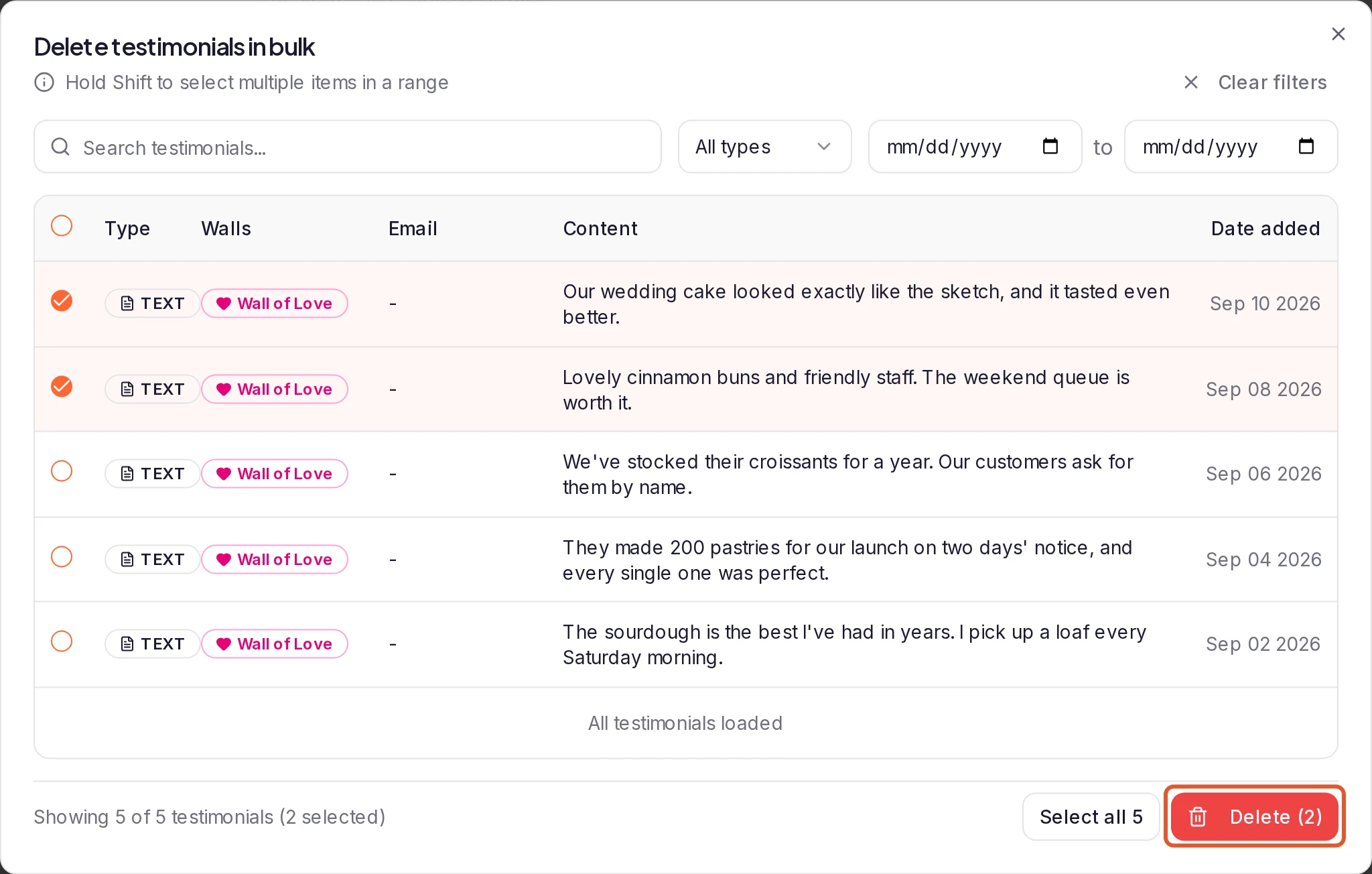 The Delete testimonials in bulk dialog: a search box, the type and date filters, a table of testimonials with two rows ticked, and Select all 5 and the outlined Delete (2) button at the bottom