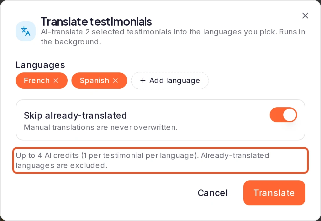The Translate testimonials dialog with French and Spanish added, Add language, Skip already-translated switched on, and the outlined line 'Up to 4 AI credits (1 per testimonial per language)'