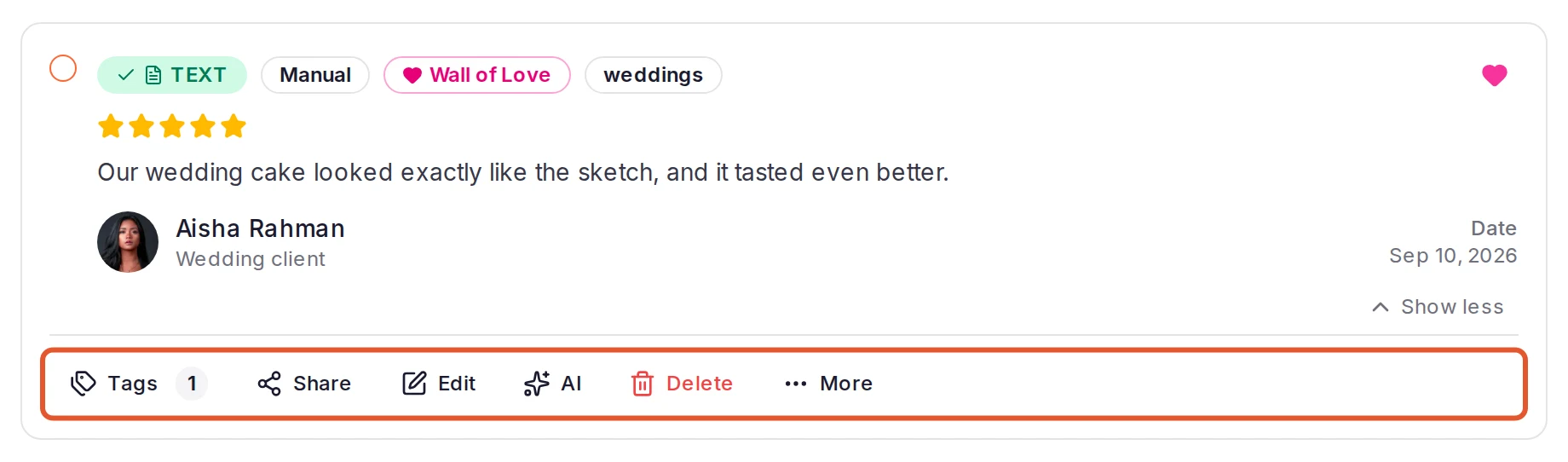 An approved testimonial's card, expanded, with its action row outlined: Tags, Share, Edit, AI, Delete and More