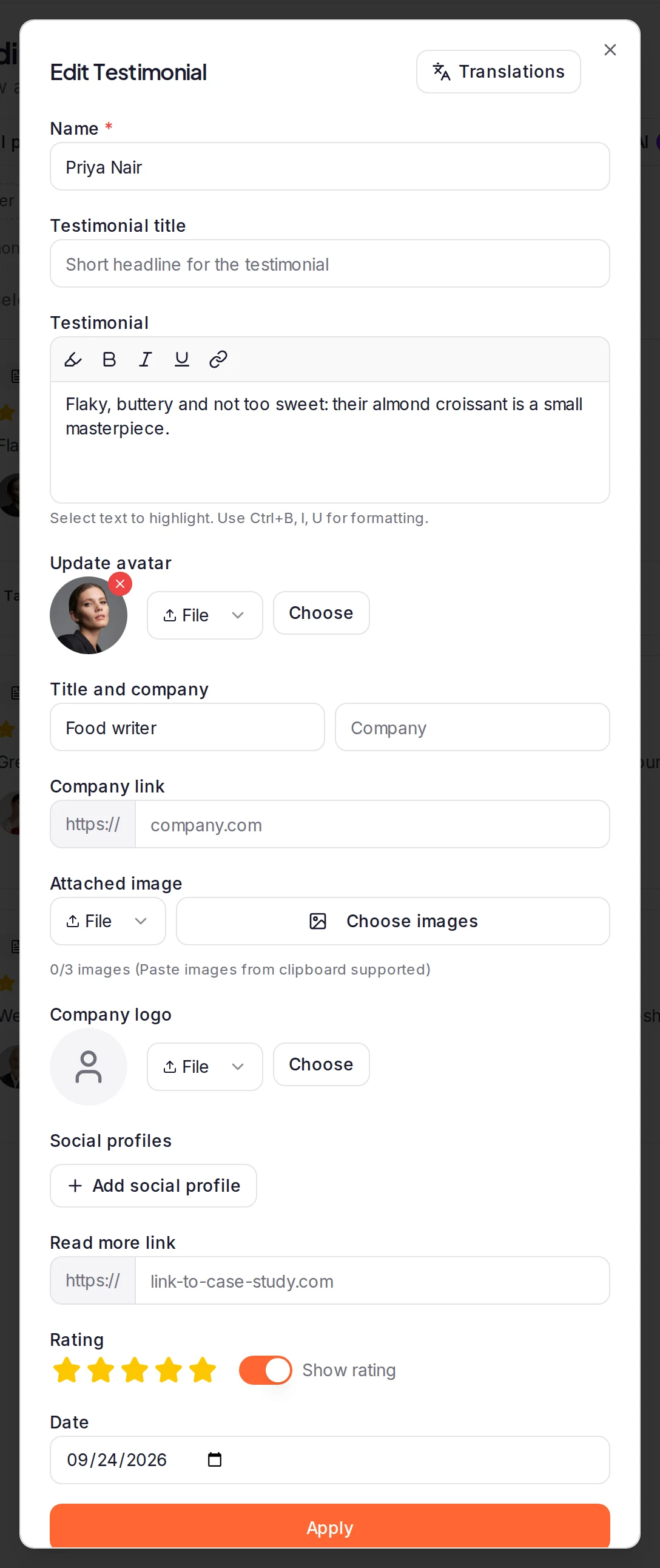 The Edit Testimonial window, with the name, text, avatar, company, image, link and date fields and the Apply button