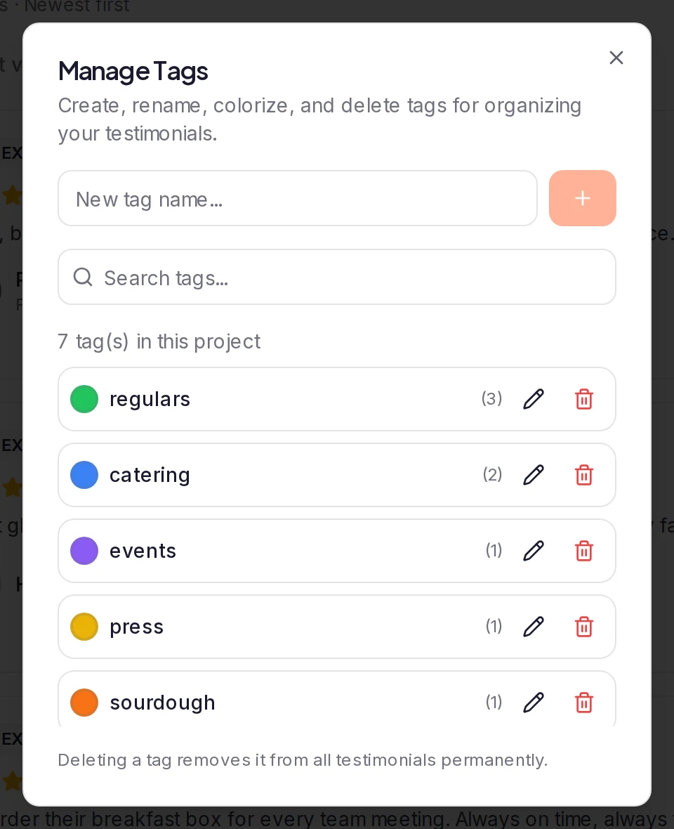 The Manage Tags dialog, listing each tag with its color, how many testimonials have it, and its rename and delete buttons