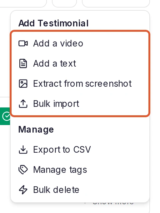 The inbox's Options menu, with the four choices under Add Testimonial outlined: Add a video, Add a text, Extract from screenshot and Bulk import