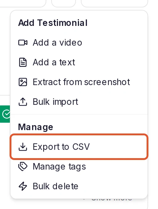 The inbox's Options menu, with Export to CSV outlined