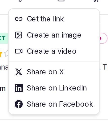 A testimonial's Share menu: Get the link, Create an image, Create a video, and Share on X, LinkedIn and Facebook