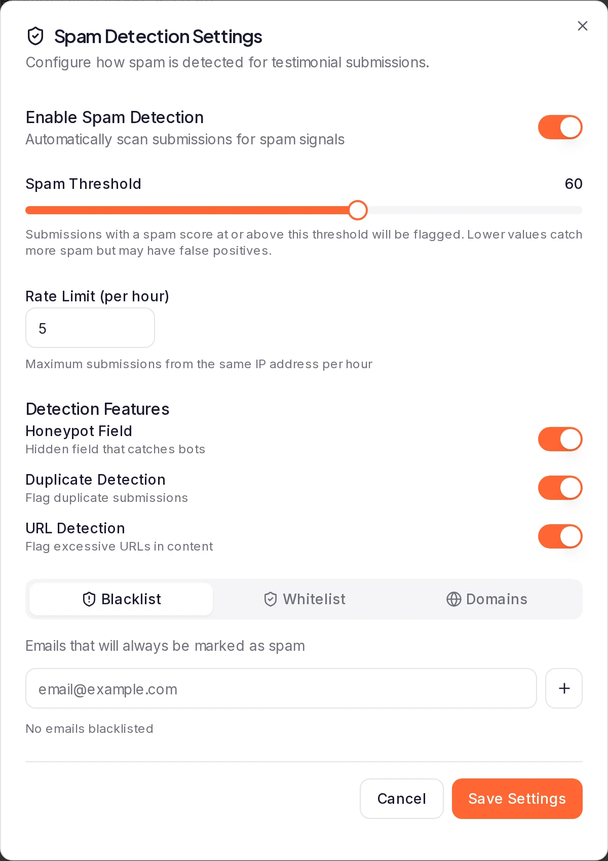 The Spam Detection Settings dialog: Enable Spam Detection, Spam Threshold, Rate Limit (per hour), the three Detection Features switches, the Blacklist, Whitelist and Domains tabs, and Save Settings