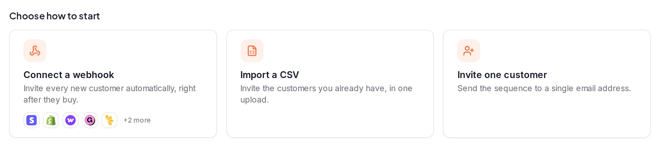 The three cards under 'Choose how to start' on the Overview tab: Connect a webhook, with the logos of the platforms it works with, Import a CSV and Invite one customer