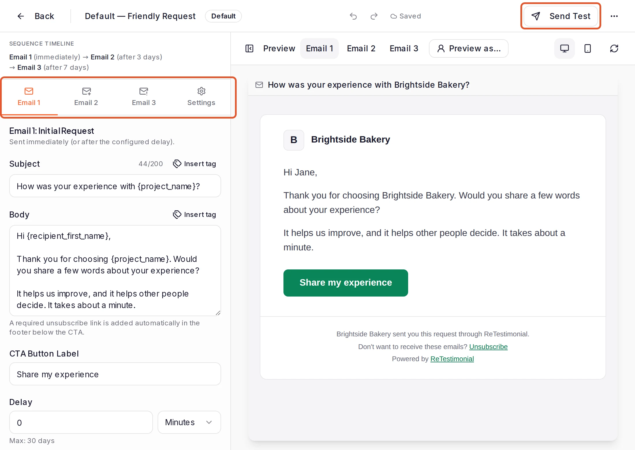 The template builder on Email 1: Subject, Body, CTA Button Label and Delay on the left and the email's preview on the right, with the row of Email 1, Email 2, Email 3 and Settings tabs and the Send Test button outlined