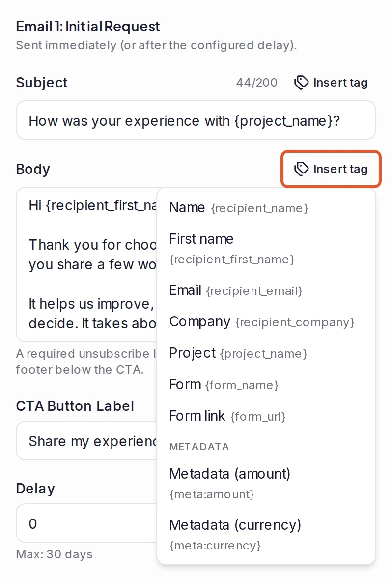 The Insert tag menu open from the outlined button above the Body field, listing Name, First name, Email, Company, Project, Form, Form link and two Metadata tags