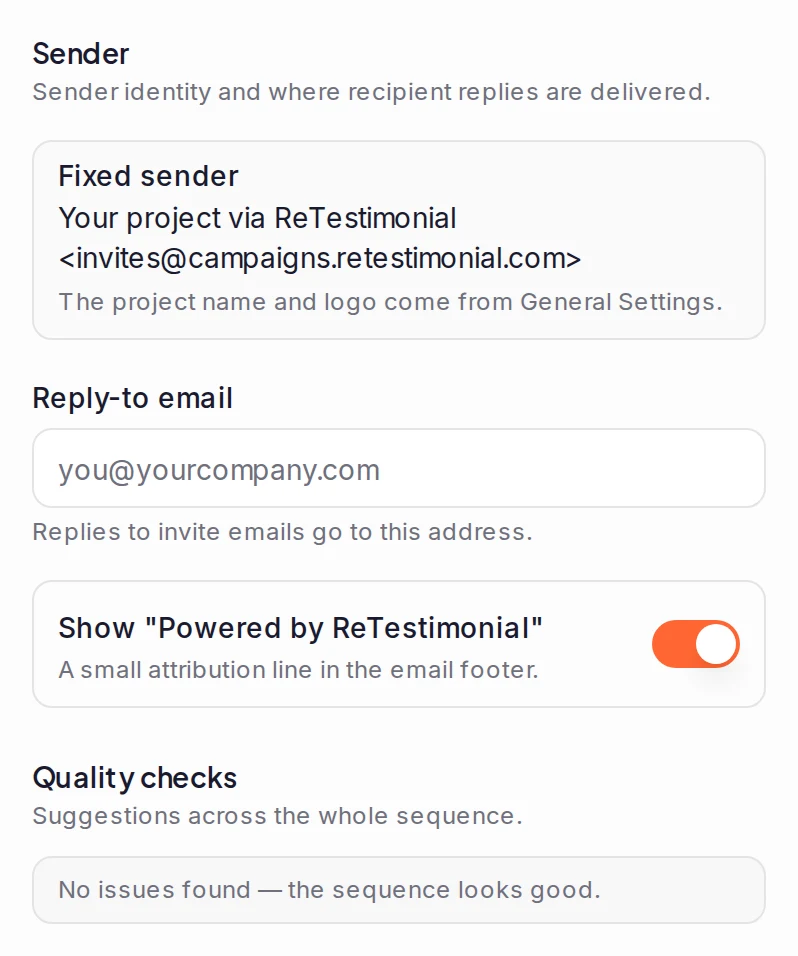 The Settings tab: the Fixed sender box, Reply-to email, the Show 'Powered by ReTestimonial' switch turned on, and Quality checks with no issues found