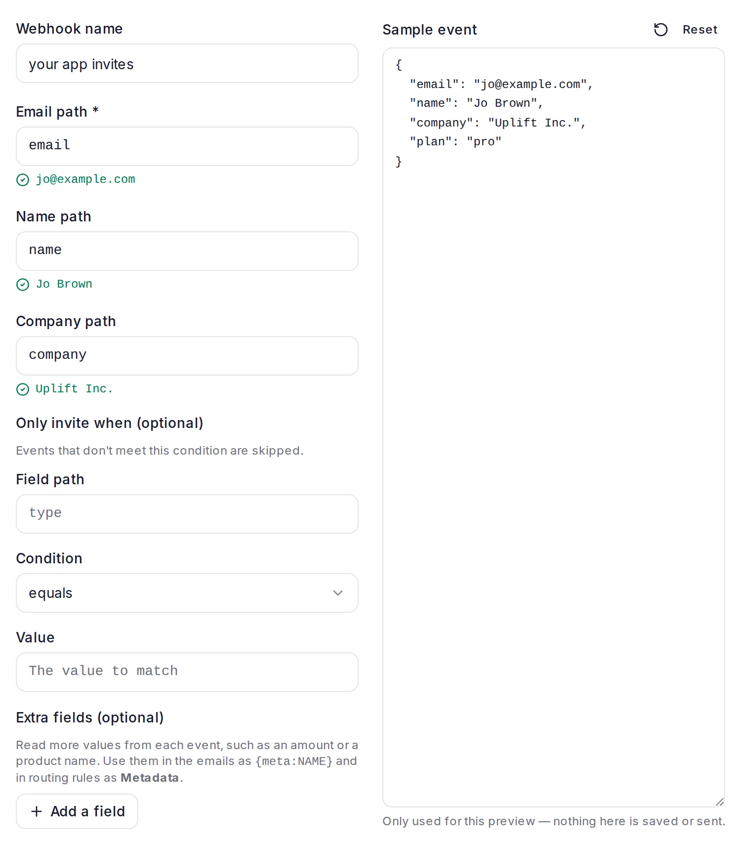 The Map data step for a Custom webhook: Email path email, Name path name and Company path company with the values found in the Sample event, and Only invite when (optional) left empty