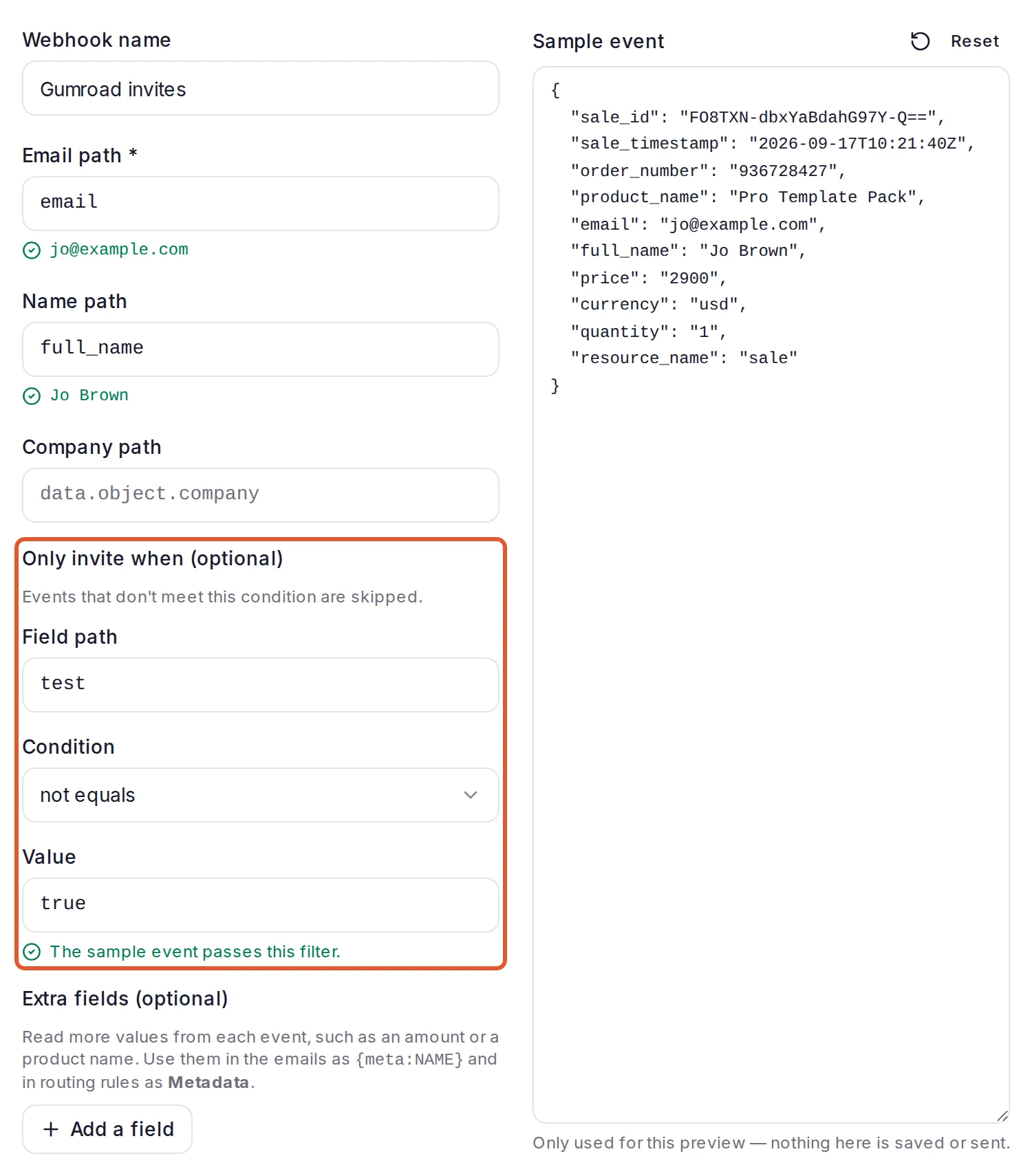 The Map data step filled in for Gumroad: Email path email and Name path full_name with the values found in the Sample event, an empty Company path, and Only invite when (optional) outlined, with Field path test, Condition not equals and Value true