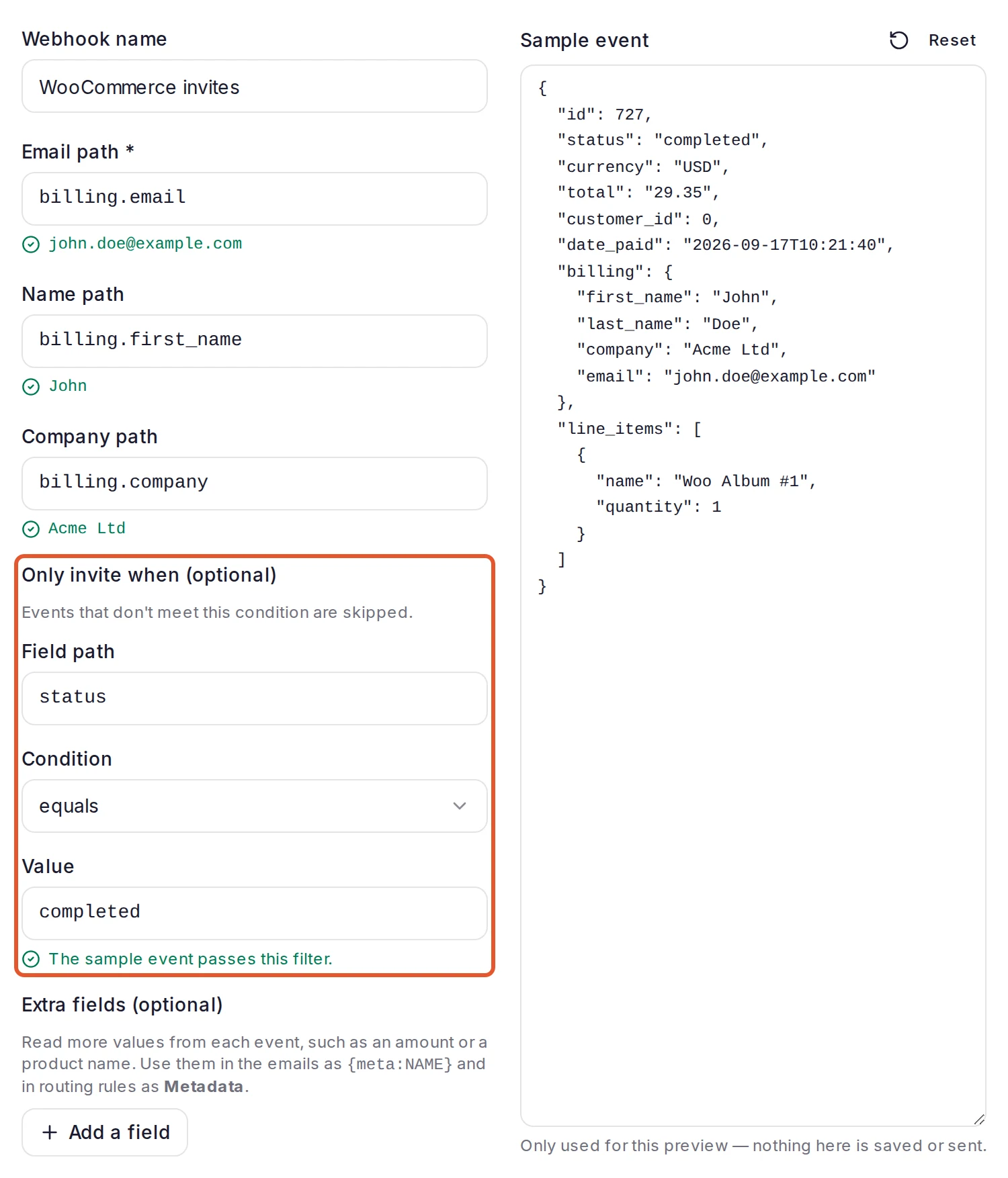 The Map data step filled in for WooCommerce: Email path billing.email, Name path billing.first_name and Company path billing.company with the values found in the Sample event, and Only invite when (optional) outlined, with Field path status, Condition equals and Value completed