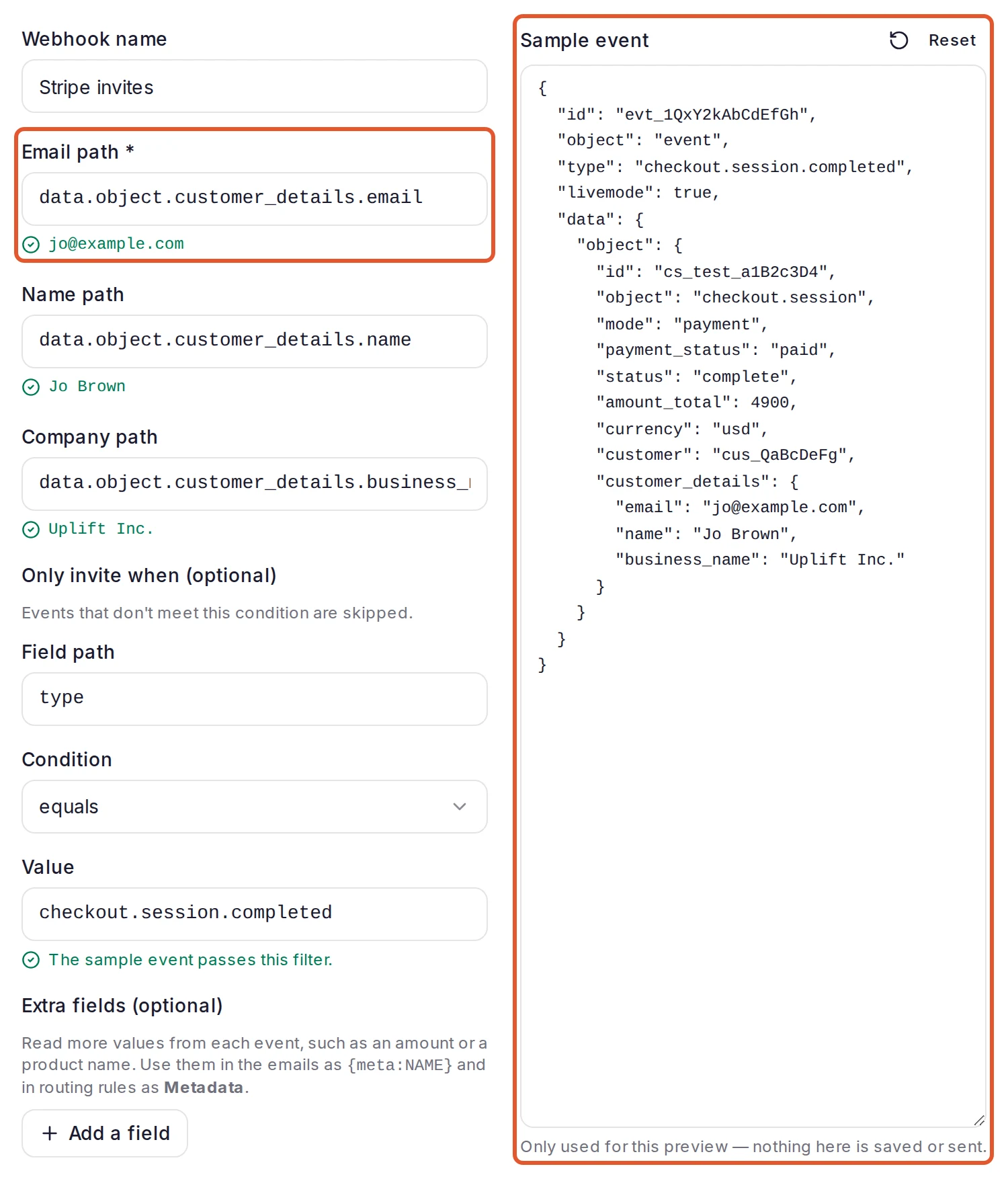 The Map data step with Stripe chosen: Webhook name, then Email path, Name path and Company path with the value each one finds, Only invite when (optional) and Extra fields (optional), beside the Sample event box, with Email path and Sample event outlined