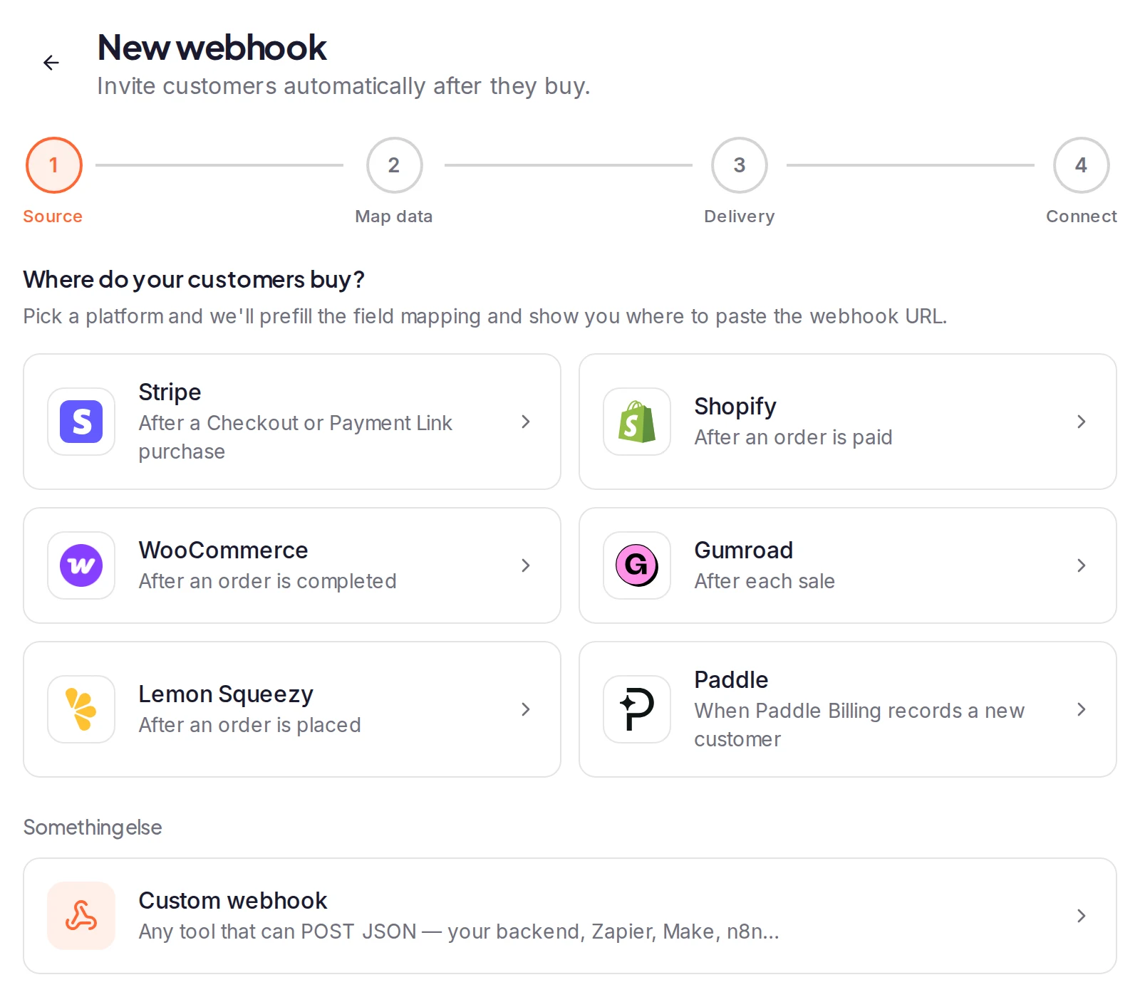 The New webhook page on its first step, Source: tiles for Stripe, Shopify, WooCommerce, Gumroad, Lemon Squeezy and Paddle under 'Where do your customers buy?', and Custom webhook under Something else