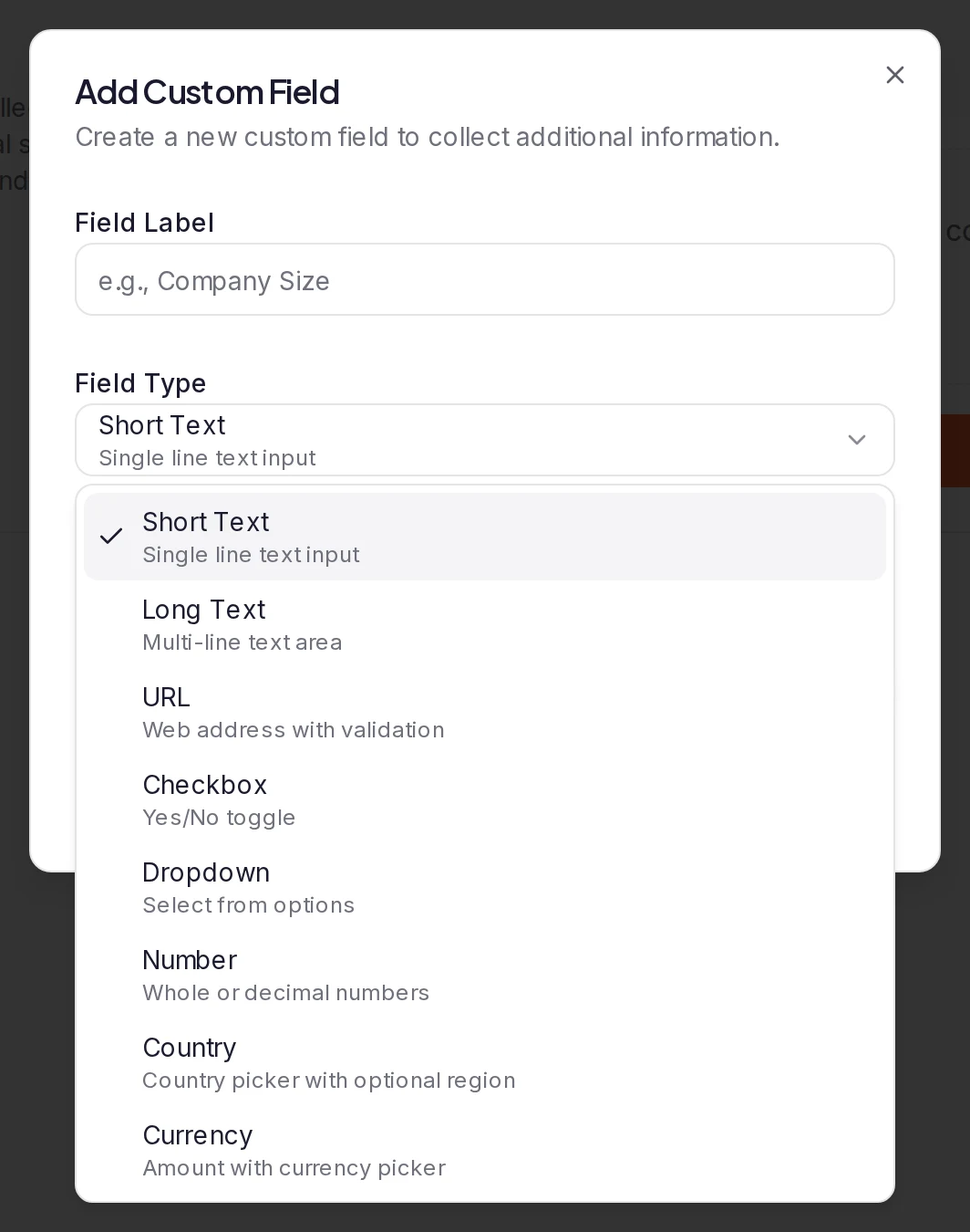 The Add Custom Field dialog with the Field Type menu open on its eight types: Short Text, Long Text, URL, Checkbox, Dropdown, Number, Country and Currency