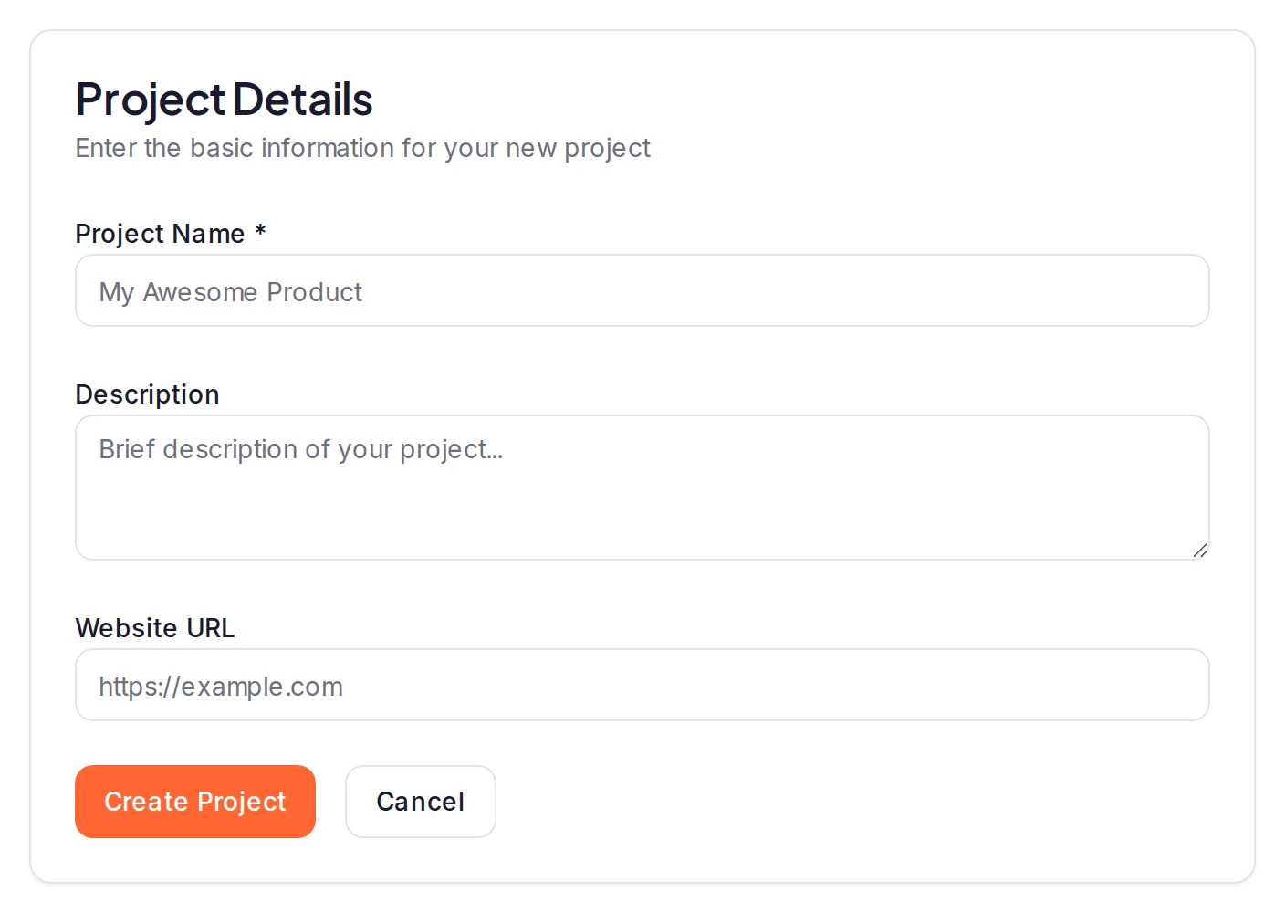 The Project Details form, with Project Name, Description, Website URL and Create Project