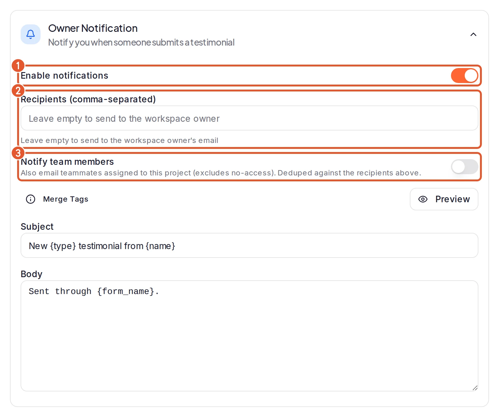 The Owner Notification card in a project's Notifications settings, with three numbered marks: 1 on Enable notifications, 2 on Recipients (comma-separated) and 3 on Notify team members, above the email's Subject and Body