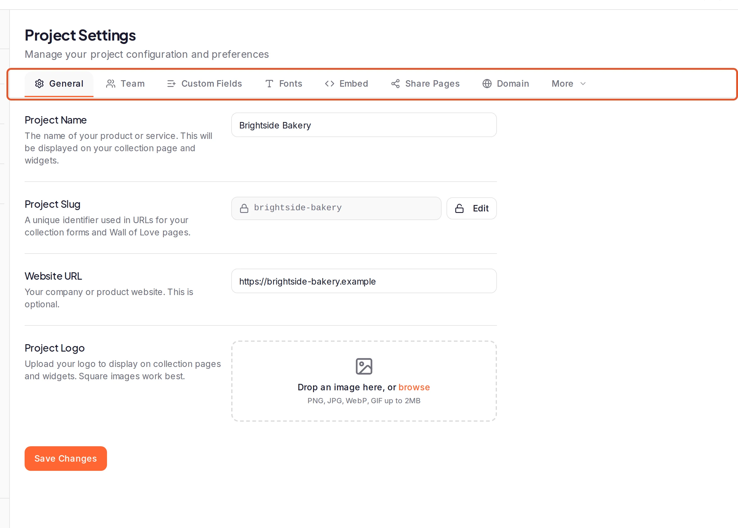 Project Settings with its row of tabs outlined and General selected: Project Name, Project Slug, Website URL, Project Logo and the Save Changes button