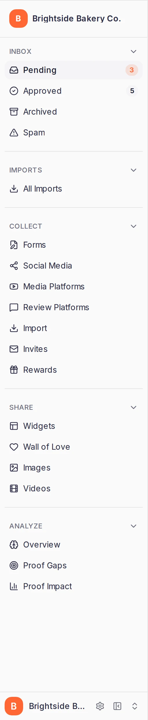 A project's sidebar with every section open, including Collect