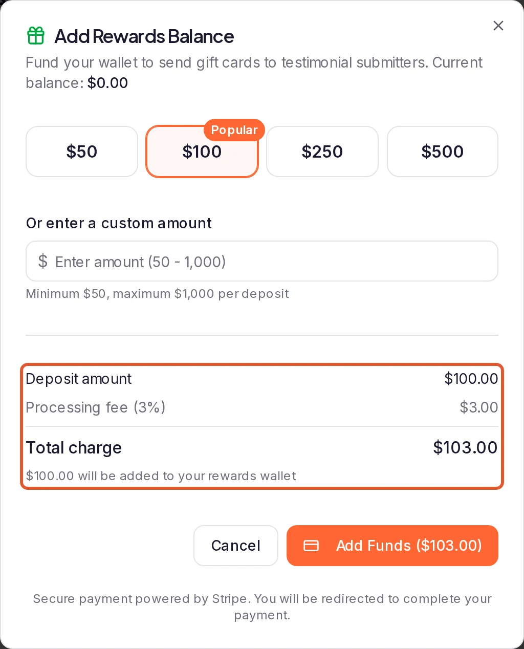 The Add Rewards Balance dialog: four preset amounts with one selected, the Or enter a custom amount field, and the Deposit amount, Processing fee and Total charge lines outlined above the Add Funds button