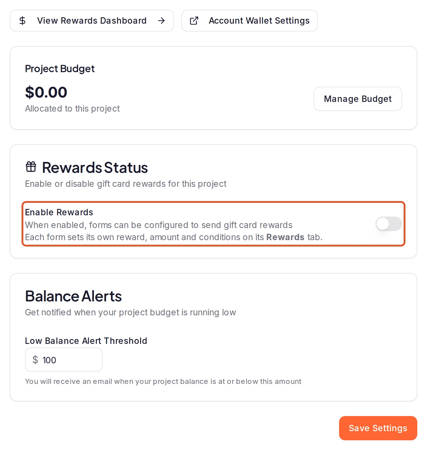 The Rewards tab of a project's settings: Rewards Status with the Enable Rewards switch outlined, Balance Alerts with Low Balance Alert Threshold, and the Save Settings button