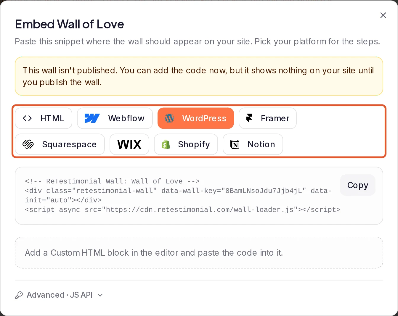 The Embed Wall of Love dialog with WordPress chosen, showing the snippet to copy