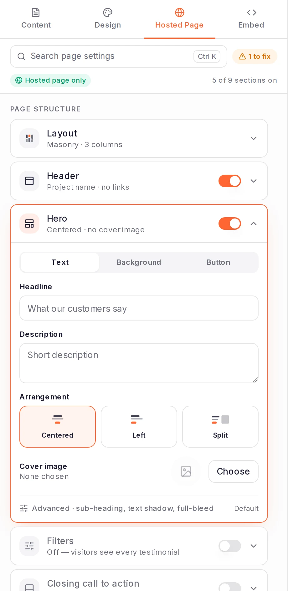 The Wall of Love builder's Hosted Page tab, listing the Layout, Header and Hero sections with Hero open