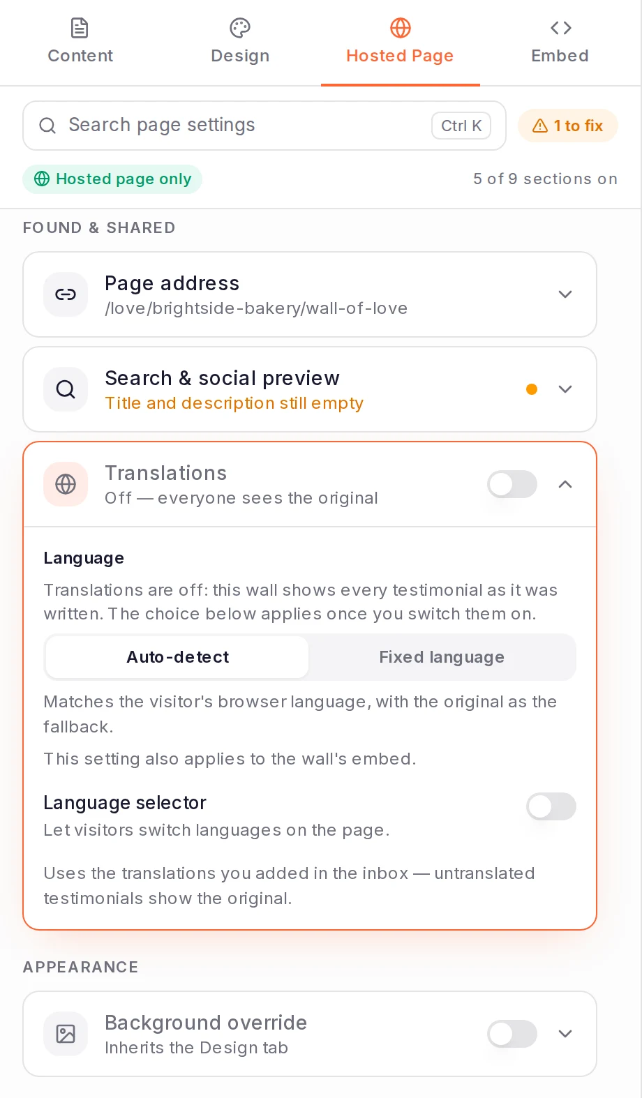 The wall builder's Hosted Page tab with the Translations row open: its switch, Auto-detect and Fixed language, the note that the setting also applies to the wall's embed, and the Language selector switch