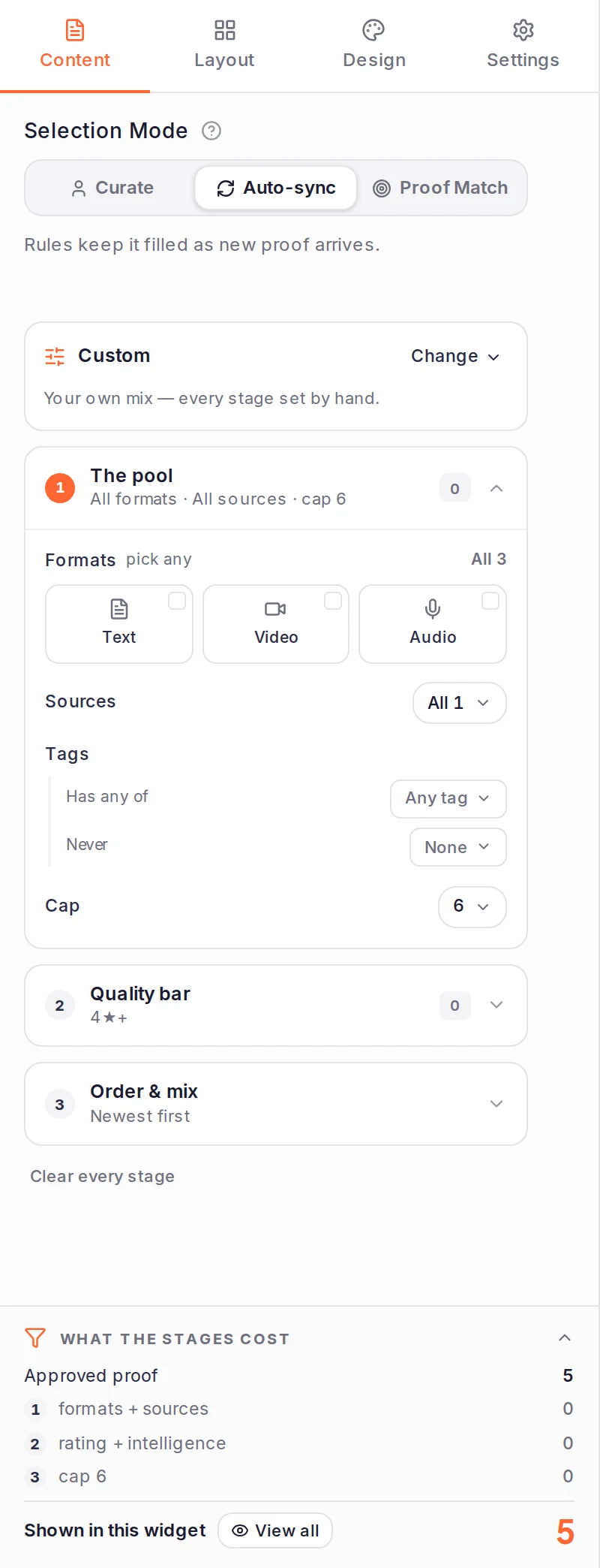 The Content tab of a widget set to Auto-sync: the pool, Quality bar and Order & mix stages, and the receipt of what each stage costs